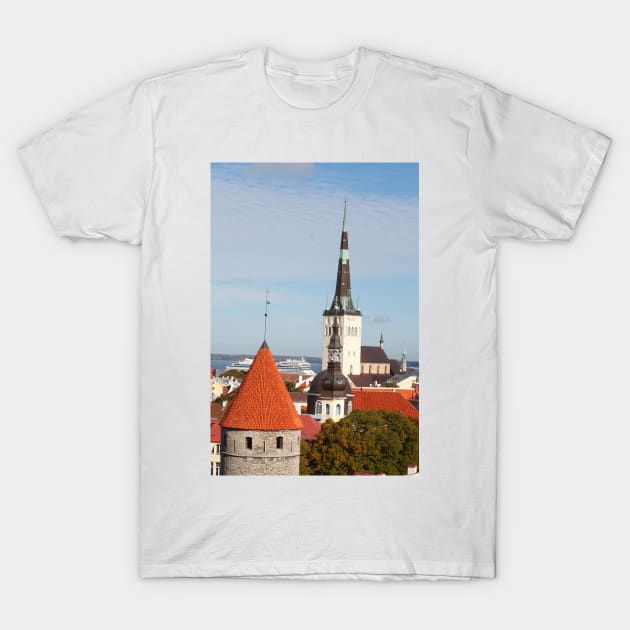 View from Toompea of the Lower Town, Old Town with Olai's Church or Oleviste Kirik, and a tower of the city wall, Tallinn, Estonia, Europe T-Shirt by Kruegerfoto